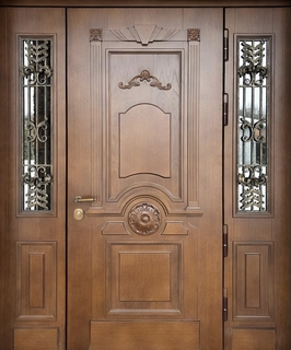 Парадная входная группа «термо» МДФ шпон с резьбой (стекло + ковка)