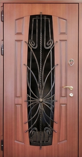 Стальная термодверь с фигурным большим стеклом и решеткой (МДФ) Стальная термодверь с фигурным большим стеклом и решеткой (МДФ)