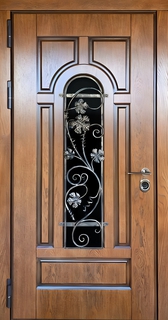 Металлическая термодверь МДФ шпон с кованой решеткой «растительный орнамент» Металлическая термодверь МДФ шпон с кованой решеткой «растительный орнамент»