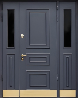 Полуторная термодверь с боковой остекленной вставкой и отбойными пластинами (МДФ RAL с багетом)