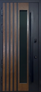 Стальная остекленная термодверь с вертикальной бугельной ручкой (МДФ с реечным оформлением) Стальная остекленная термодверь с вертикальной бугельной ручкой (МДФ с реечным оформлением)