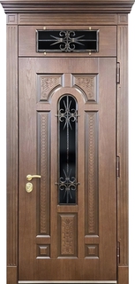 Стальная термодверь с остекленной фрамугой, карнизом и ковкой (МДФ) Стальная термодверь с остекленной фрамугой, карнизом и ковкой (МДФ)